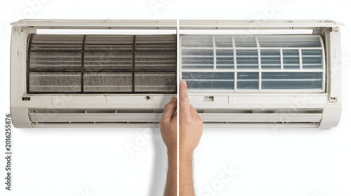 A split image comparing a dirty, dust-clogged air conditioner filter on the left with a clean, pristine filter on the right, as a hand points to the clean side.