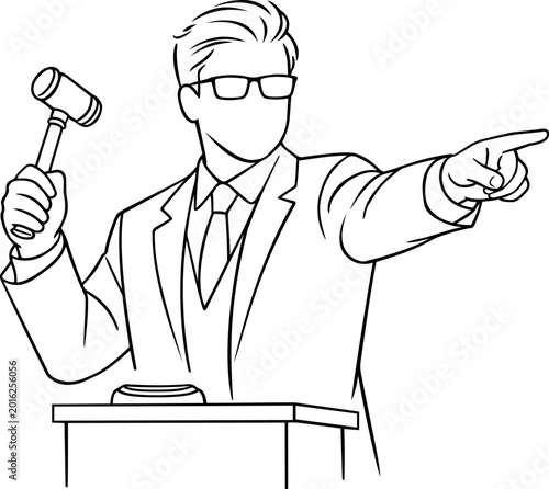 Auctioneer Holding Gavel Pointing Forward Line Art Illustration