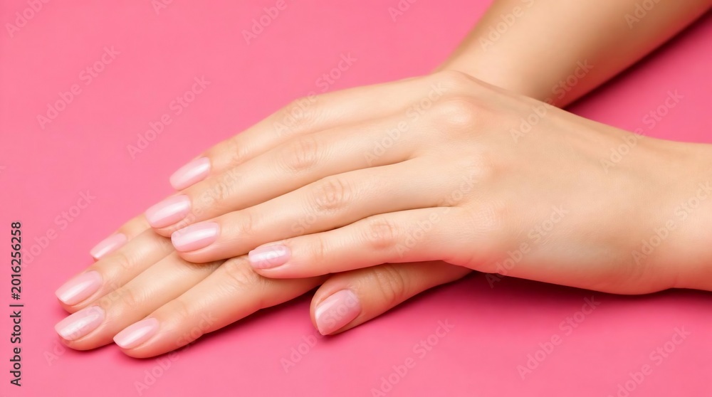 Naklejka premium Beautiful Female Hands with Pink Manicure on Pink Background