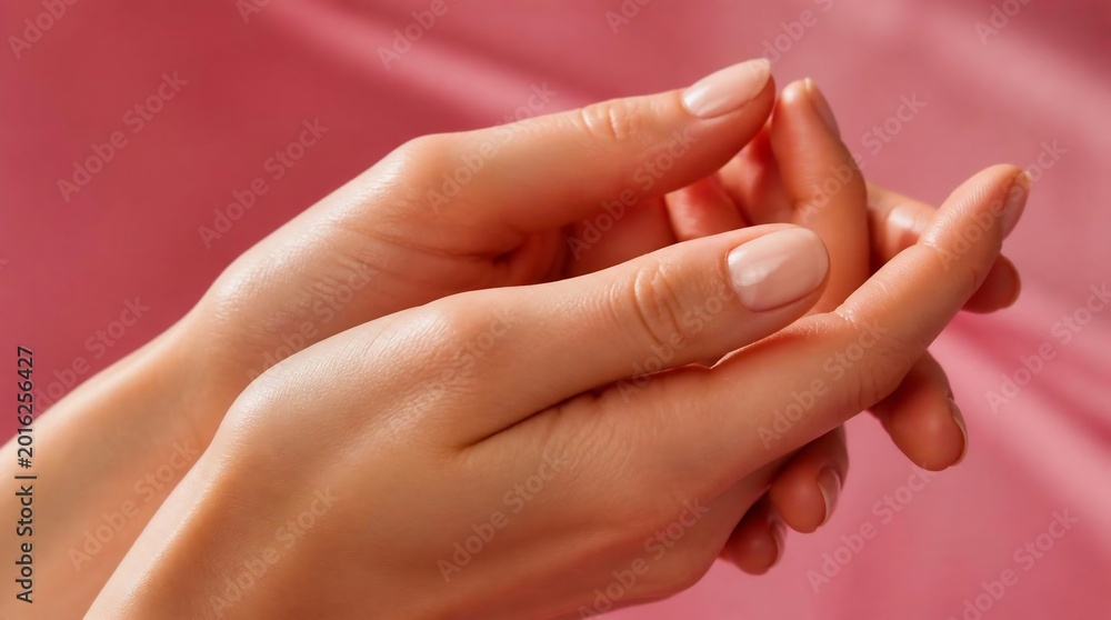 Fototapeta premium Elegant woman hands with nude manicure on soft pink background