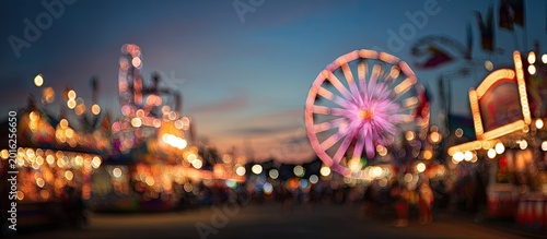 Vibrant amusement park at dusk with Ferris wheel and illuminated rides.