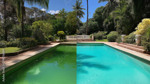 A side-by-side view of a swimming pool, demonstrating the stark contrast between a dirty green pool and a sparkling clean blue pool.