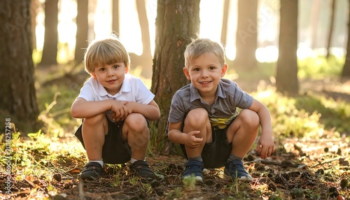 Two Young Blonde Boys Crouching In A Sunlit Pine Forest During Golden Hour Smiling Brothers Outdoors In Nature With Warm Backlight