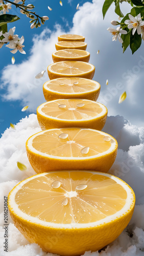 Ascending Staircase of Lemon Halves Rising into a Blue Sky