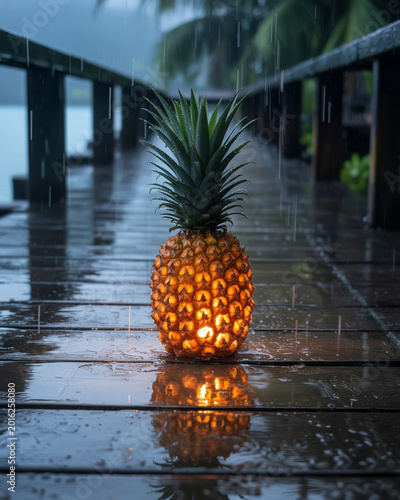 Glowing Pineapple Lantern on a Wet Wooden Dock in the Rain at Dusk