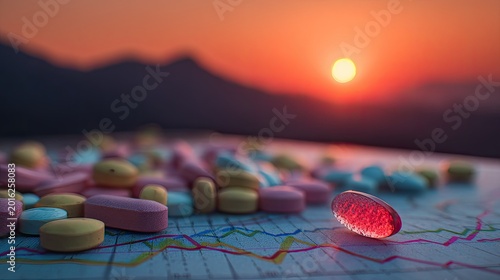 Colorful pills scattered on a chart against a vibrant sunset mountain backdrop