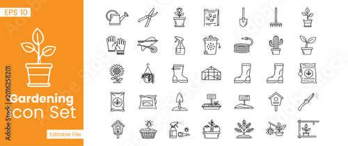 Tableau sur toile Gardening Tools and Backyard Plant Care Line Icon Set