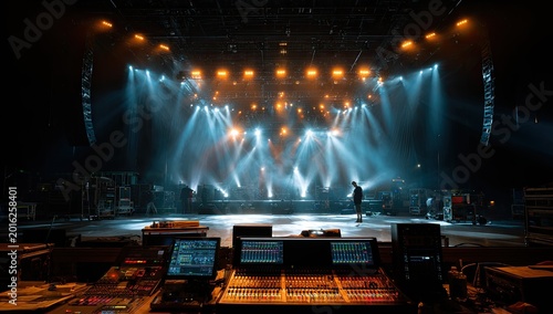 Concert Stage with Dramatic Lighting and Equipment Ready for Performance.