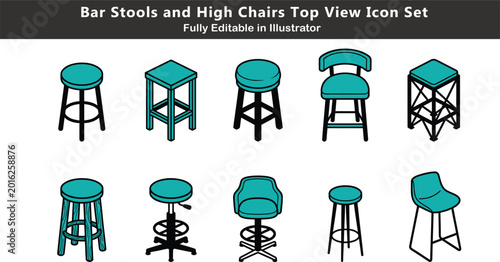 Bilde på lerret Bar stool vector icons set, high chair designs, swivel stools, adjustable seatin