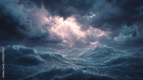 violent sea storm with lightning and high waves, dramatic sky, energy and chaos, climate change concept