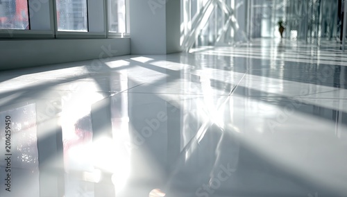 Sunlight Reflecting on a Polished Marble Floor in a Modern Building.