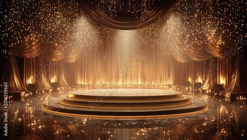 Luxurious Golden Stage with Spotlight and Confetti for Award Ceremony.