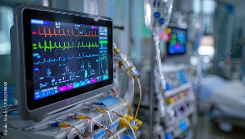 Close-up of a modern medical monitor displaying vital signs in an intensive care unit.