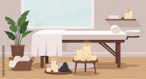 Massage table prepared in calm spa treatment room interior