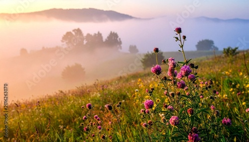Wildflowers in misty mountain meadow at golden sunrise