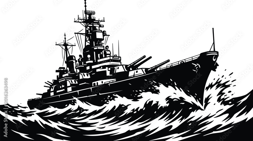 Naklejka premium Powerful battleship sailing through rough waves in dynamic monochrome vector illustration, transparent background, naval warfare.