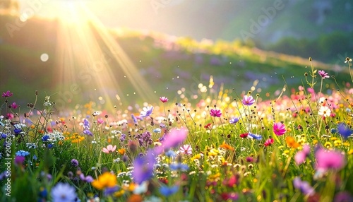 Field of blooming wildflowers in golden sunlight