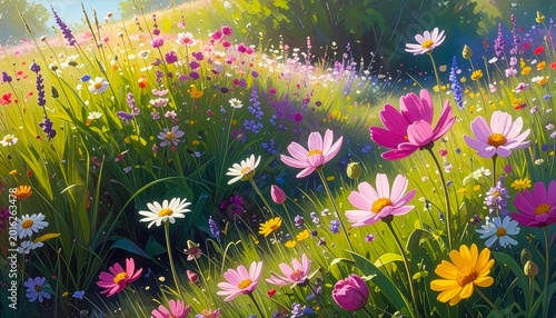 Vibrant summer wildflowers in a sunny meadow with golden light