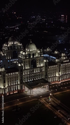 Aerial night & vertical shot of Secretariat of Telangana in Hyderabad, India