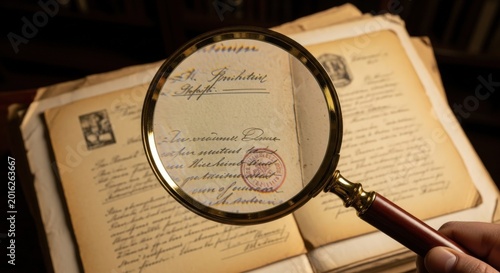 A magnifying glass held over an ancient manuscript with handwritten text and a red wax seal, revealing historical details.