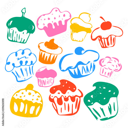 with colored cupcakes a brush with a liner pen. Grunge texture on. Children's cartoon doodle style,drawing sketch with uneven lines . Sweetness; dessert; cake; piece;  coffee shop; breakfast; food
