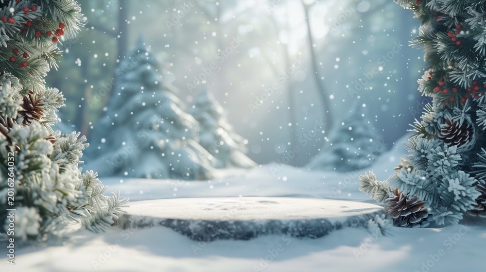 Fototapeta premium Cozy Winter Wonderland Snowy Forest Scene With Snowy Stump Display Table Background