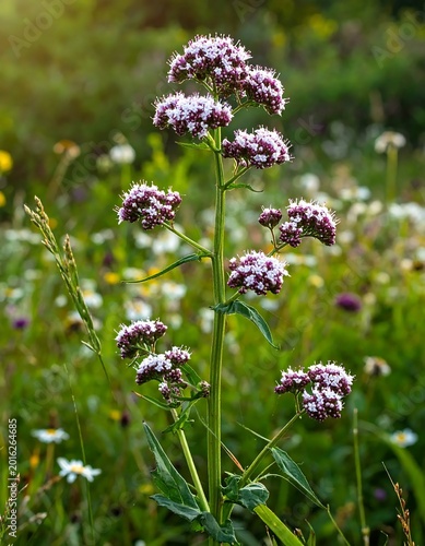 Valerian Officinalis Close Up Macro Photo Pink And White Blooming Clusters On A Tall Green Stem In A Sunlit Wildflower Meadow Environment