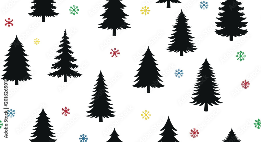 Fototapeta premium Black pine tree silhouettes with snowflakes on white background silhouette