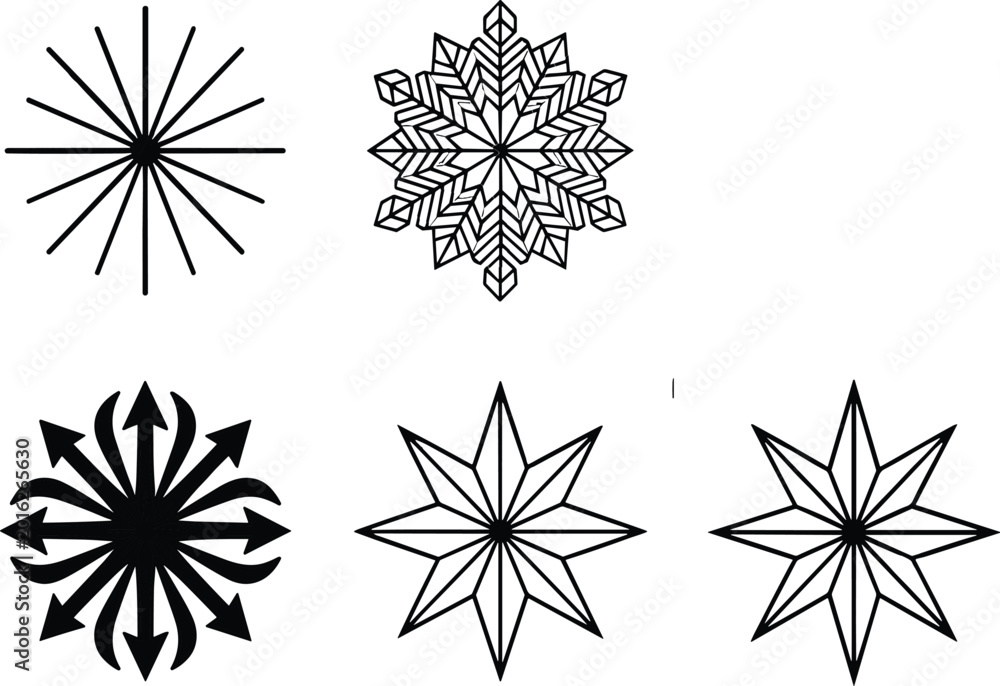 Obraz premium Geometric Starburst and Snowflake Icon Set Featuring Radial Sunburst Designs Sparkling Stars and Winter Ice Crystal Symbols for Festive Holiday Decorations and Graphics