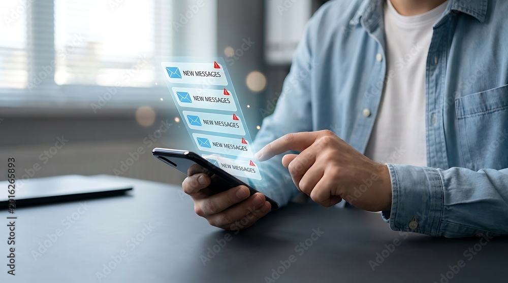 Fototapeta premium Professional male worker checking inbox on mobile device with futuristic screen display for modern connectivity and corporate networking