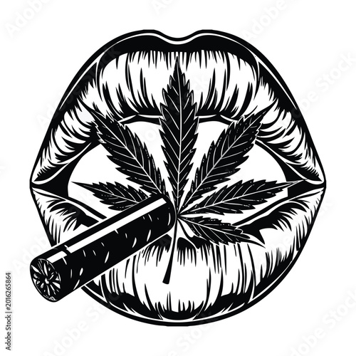 Cannabis leaf, marijuana symbol, lips, blunt vector icon, black and white illustration