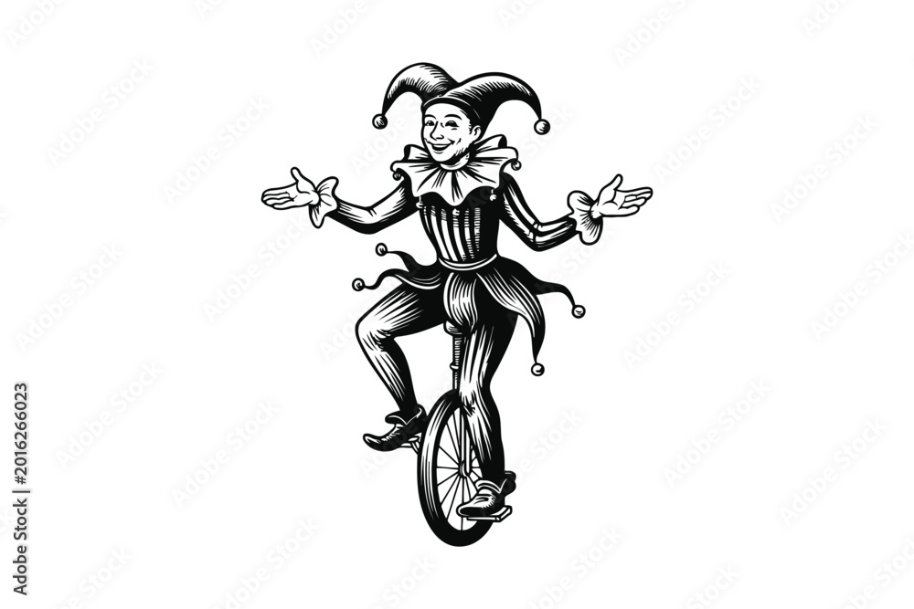 Fototapeta premium Happy jester riding unicycle, entertainment, circus performer.