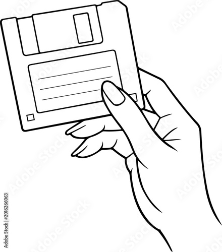 Hand Holding Floppy Disk Retro Line Art Illustration
