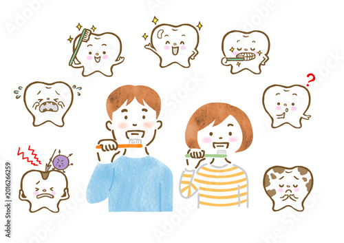 歯磨きをする男女と歯のキャラクターのイラストセット