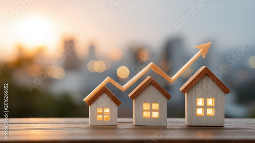 Wooden house models with a growth arrow against a city skyline at sunset showing real estate market trends
