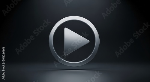Sleek metallic 3D play button icon on a dark gradient background with subtle lighting.