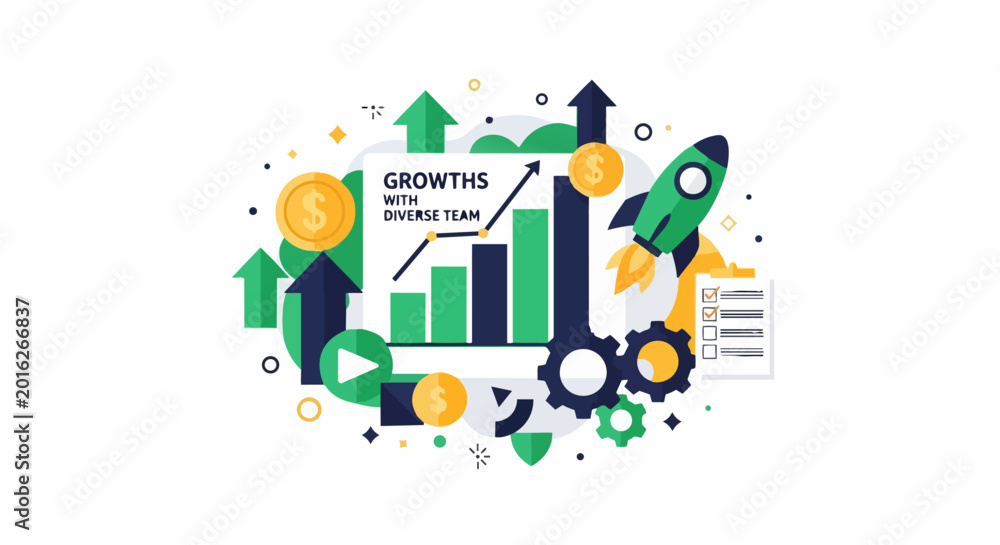 Naklejka premium Business Growth and Startup Success Concept Illustration with Financial Charts, Rocket Launch, and Corporate Strategy Icons