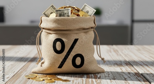 A burlap money bag with a large percentage symbol, overflowing with dollar bills and gold coins, sitting on a rustic wooden table.