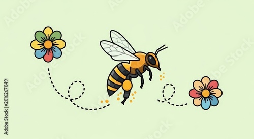 Cartoon bee flying between two colorful flowers, leaving a dotted trail and pollen specks on a light green background.