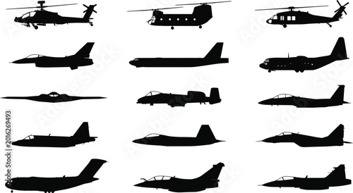 Tableau sur toile Military aircraft silhouette collection with helicopters fighter jets transport