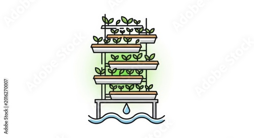 Illustration of a multi-tiered vertical farming system with young plants and a water-efficient hydroponic setup for sustainable agriculture.