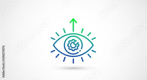 An abstract gradient line art icon depicting an eye with a gear in the pupil and an upward arrow, symbolizing vision, progress, and technological insight.
