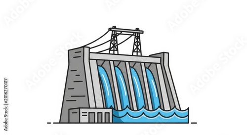 Cartoon illustration of a large hydroelectric dam with water flowing through its gates, generating power with transmission lines visible above.