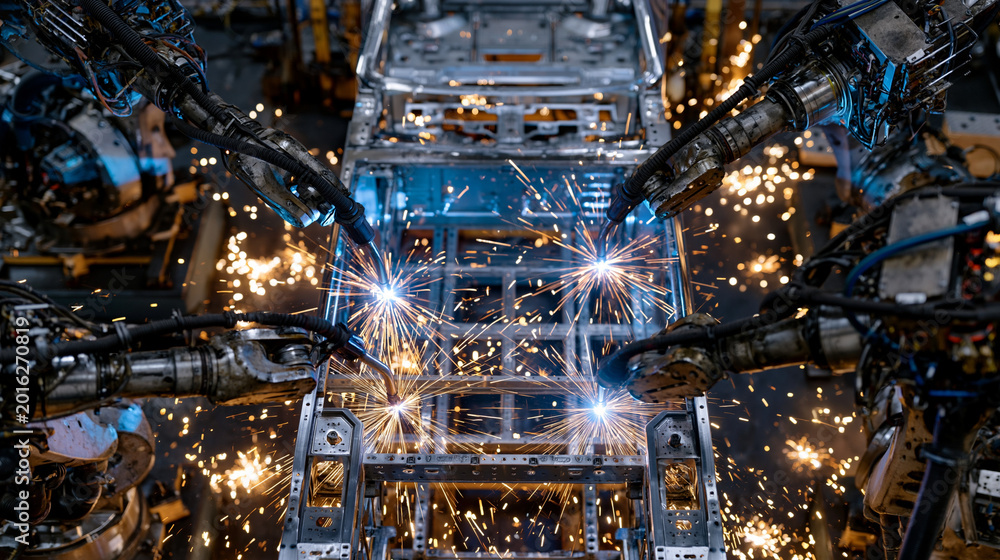 Fototapeta premium Robotic welding automation cell photographed from above, four articulated arms simultaneously working on a vehicle chassis frame, sparks creating symmetrical starbursts across the dark shop floor, p