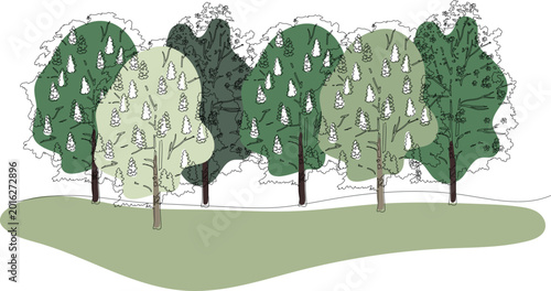 Bild auf Leinwand PrintRow of flowering horse chestnut trees on green hill, Aesculus hippocastanum