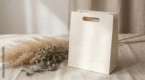Luxury paper gift bag mockup with dried floral decor.