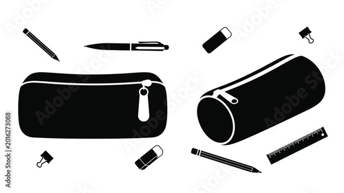 Stationery silhouettes with pencil cases pens and erasers on white background
