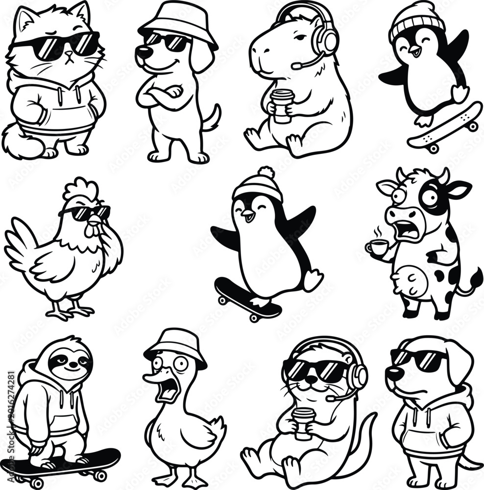 Obraz premium Set of funny cool animals wearing sunglasses and hoodies like cat dog penguin sloth cow and duck skating and drinking coffee in a cute cartoon doodle sketch style illustration