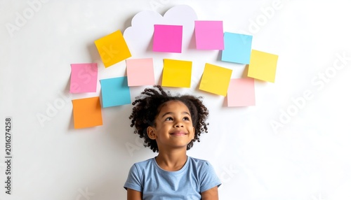 A young child, thoughtful, surrounded by colorful sticky notes, resembling a cloud, against a white background