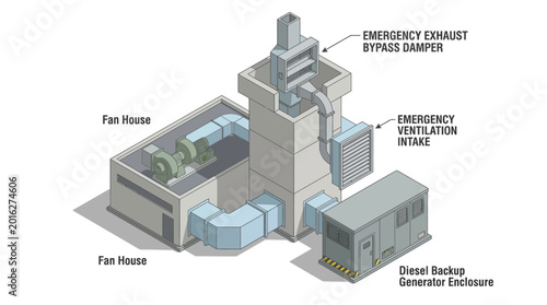 Diagram illustrating an industrial ventilation system with fan houses, emergency exhaust bypass damper, and diesel backup generator enclosure.